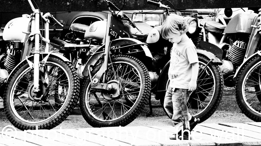 Motorbikes and Boy at Kettlewell. Black and White 90cm*50cm b/w