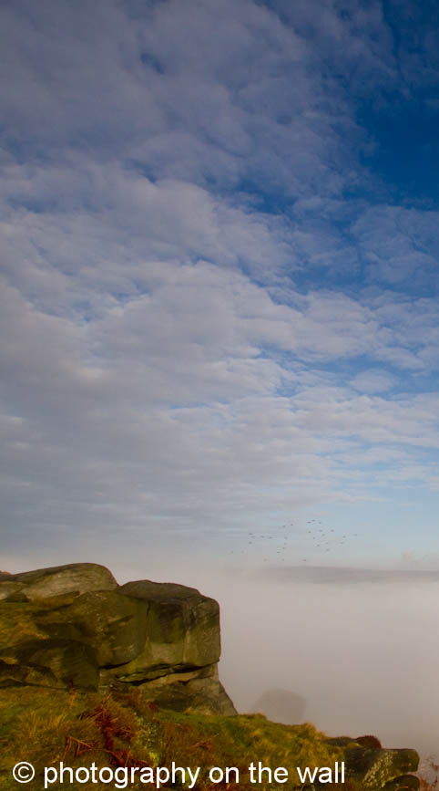 Cow and Calf Rocks, Ilkley with Early Morning Mist in the Wharfe Valley Below. 50cmx90cm