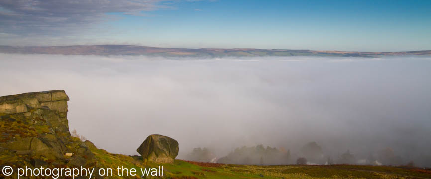 Cow and Calf Rocks, Ilkley with Early Morning Mist in the Wharfe Valley Below. 110cmx46cm