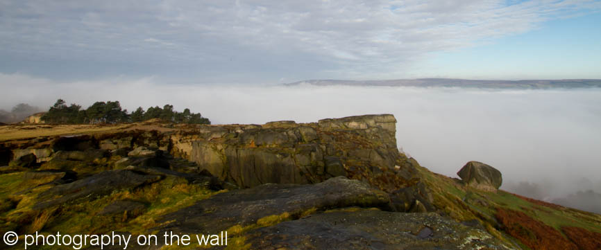 Cow and Calf Rocks, Ilkley with Early Morning Mist in the Wharfe Valley Below. 110cmx46cm