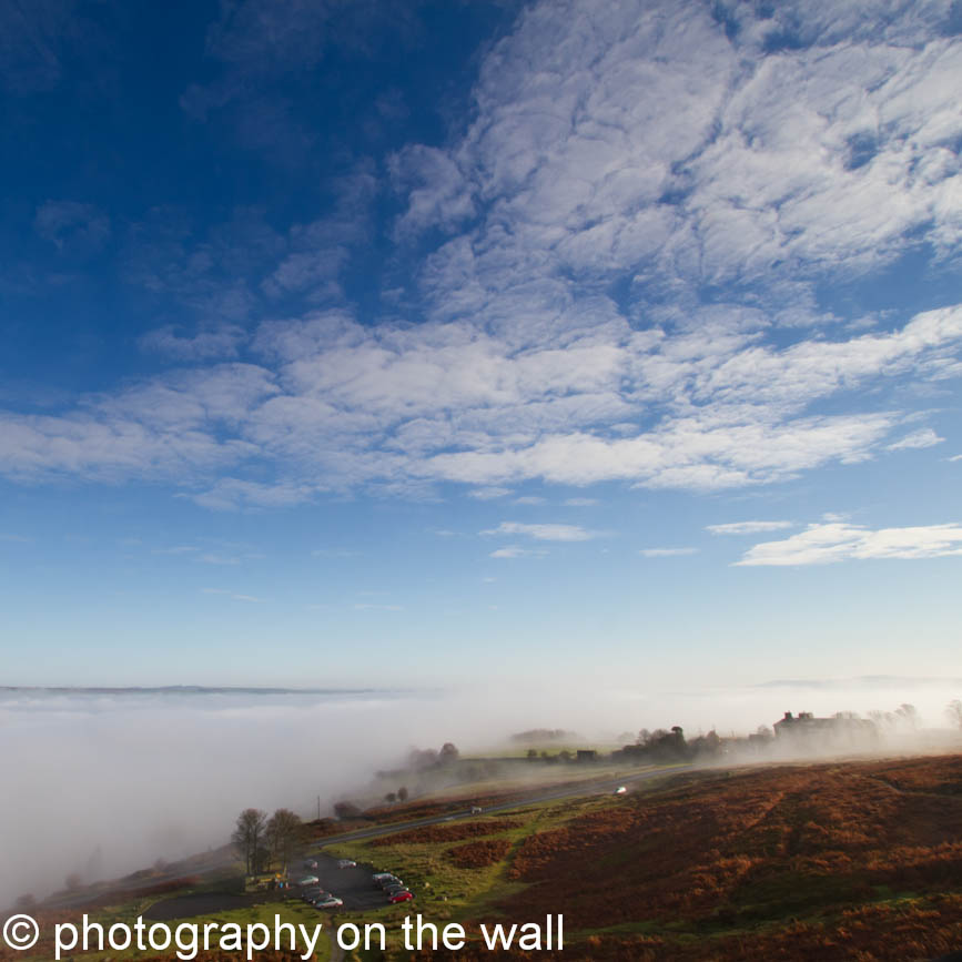 Cow and Calf Rocks Car Park with Wharfe Valley below Shrouded in Mist