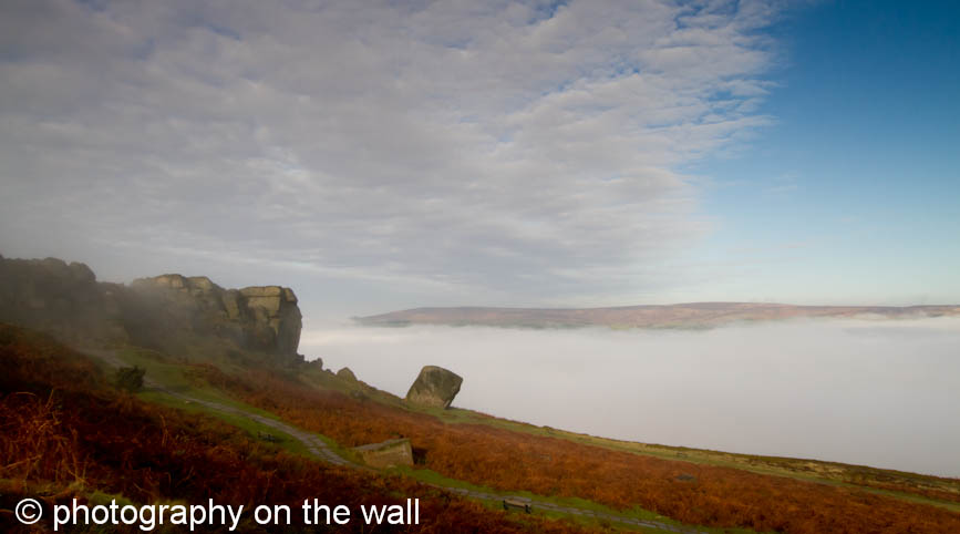 Cow and Calf Rocks, Ilkley with Early Morning Mist in the Wharfe Valley Below. 90cmx50cm