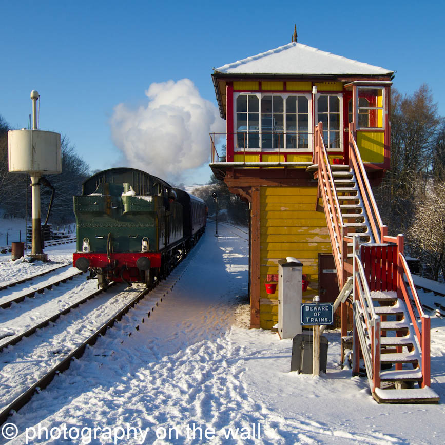 Steam Train 5643 and signal box  in winter at Bolton Abbey Station, Yorkshire. 50cmx50cm, 70cmx70cm