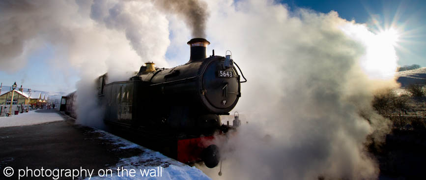 Steam Train 5643  in winter at Bolton Abbey Station, Yorkshire. 110cmx46cm